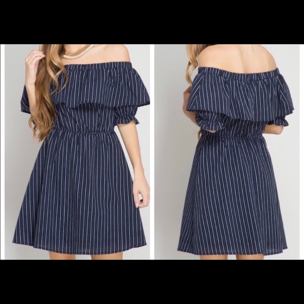 Navy and White Pin striped off the shoulder dress